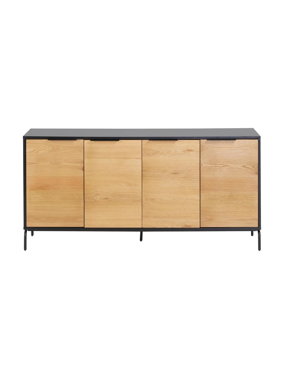 Dressoir Stellar met deuren uit eikenhoutfineer, Frame: MDF, gelakt eikenhoutfine, Zwart, eikenhoutkleurig, B 165 x H 80 cm