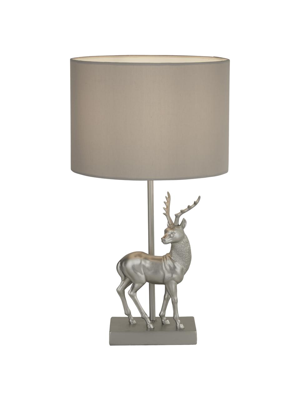 Design tafellamp Stag in zilverkleur, Lampenkap: stof, Lampvoet: polyresin, Grijs, zilverkleurig, Ø 24 x H 43 cm