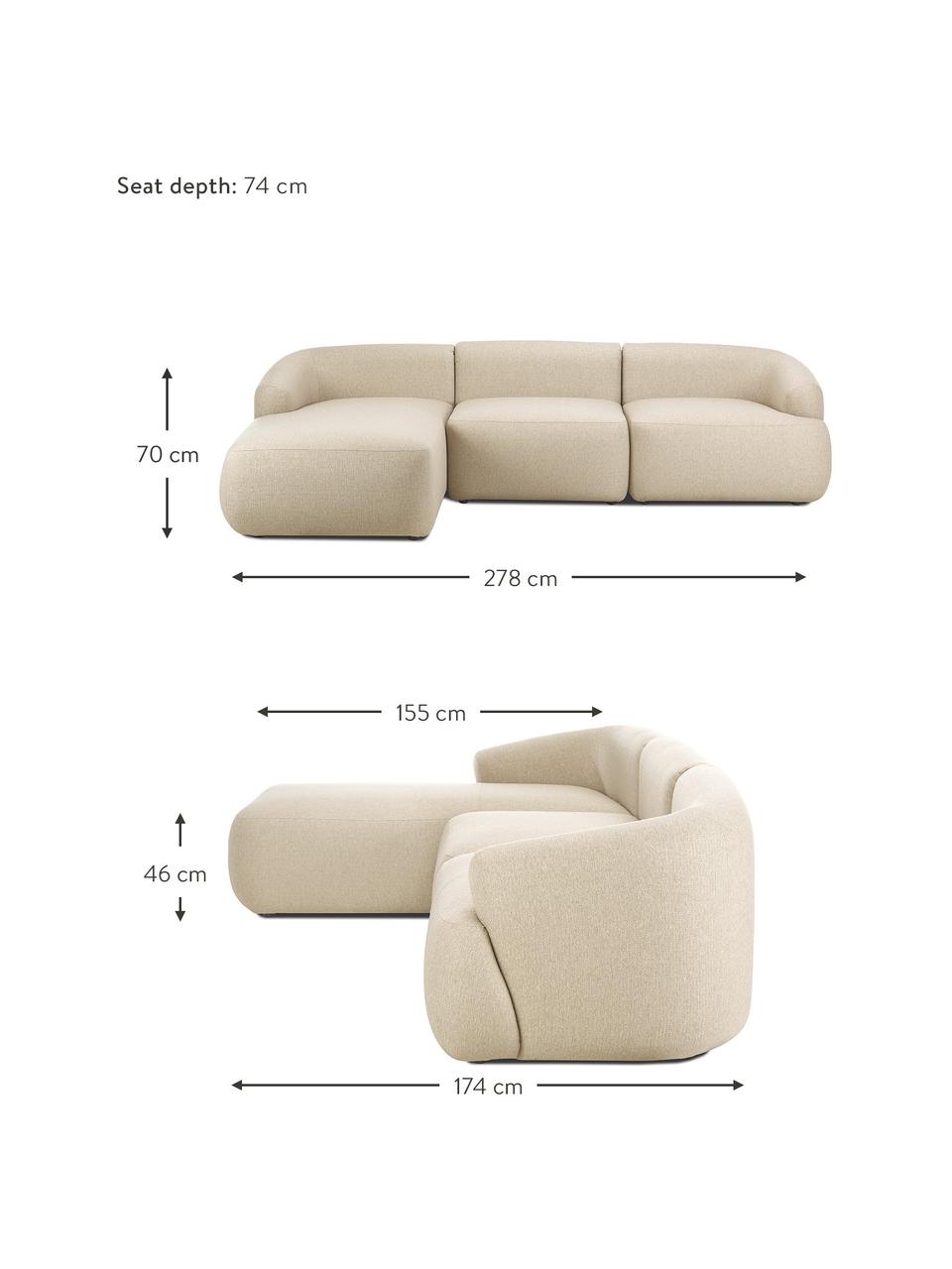 Canapé d'angle modulable Sofia, Tissu beige, larg. 278 x prof. 174 cm, module d'angle gauche