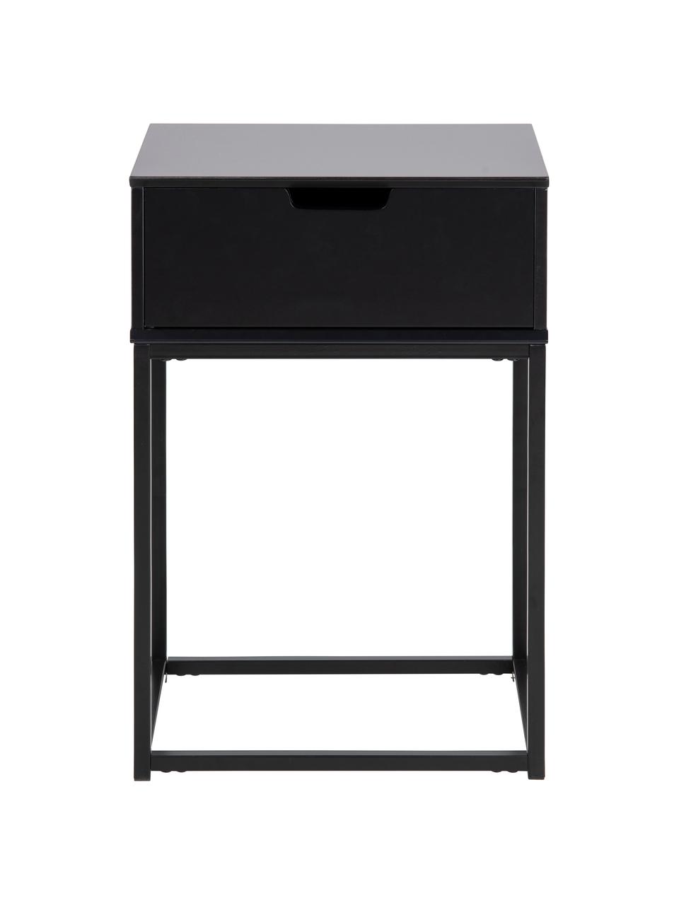 Comodino camera da letto con cassetto Mitra, Pannello di fibra a media densità (MDF) laccato, metallo verniciato a polvere, Nero, Larg. 40 x Alt. 62 cm