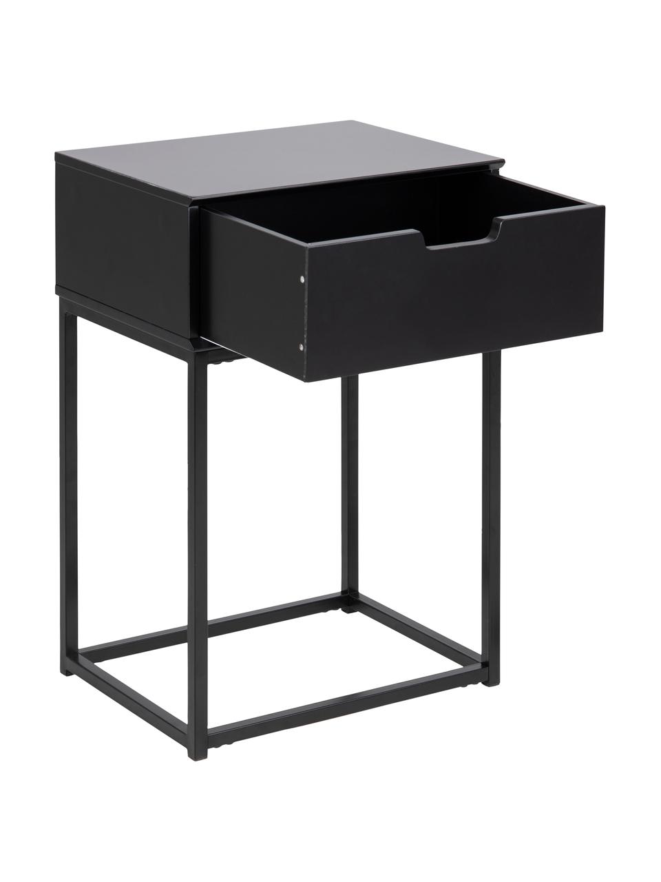 Nočný stolík so zásuvkou Mitra, MDF-doska strednej hustoty, lakovaná, kov s práškovým náterom, Čierna, Š 40 x V 62 cm