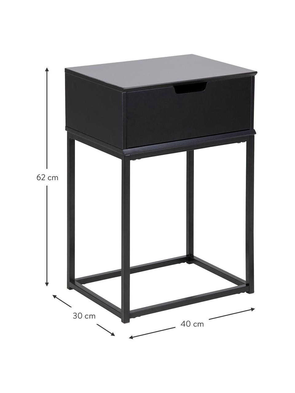 Noční stolek se zásuvkou Mitra, Lakovaná MDF deska (dřevovláknitá deska střední hustoty), kov s práškovým nástřikem, Černá, Š 40 cm, V 62 cm