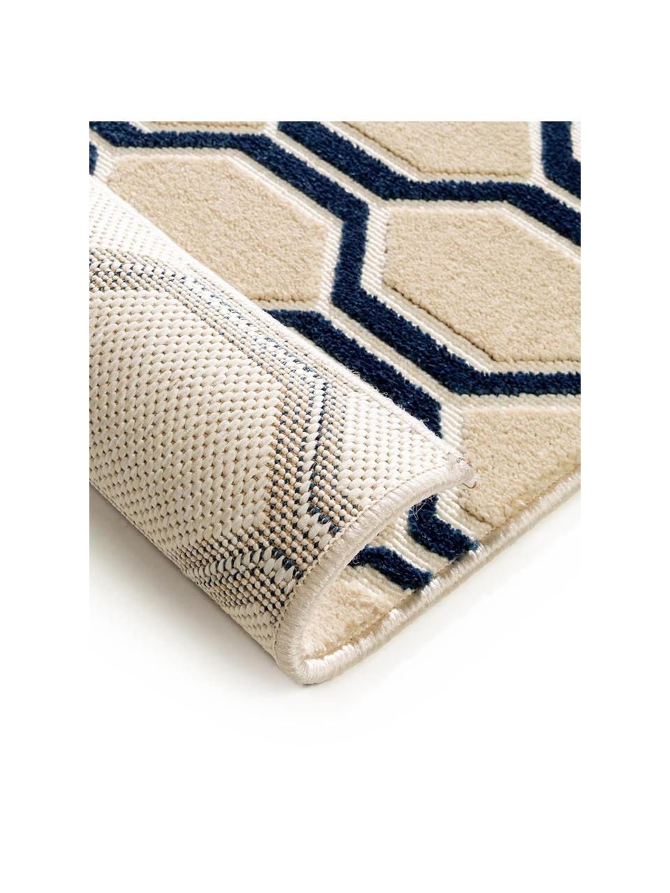 Vloerkleed Diamond Key met hoog-laag effect in donkerblauw-beige, Bovenzijde: polypropyleen, Onderzijde: 70% jute, 30% kunstlatex, Donkerblauw, beige, B 240 x L 340 cm (Maat XL)