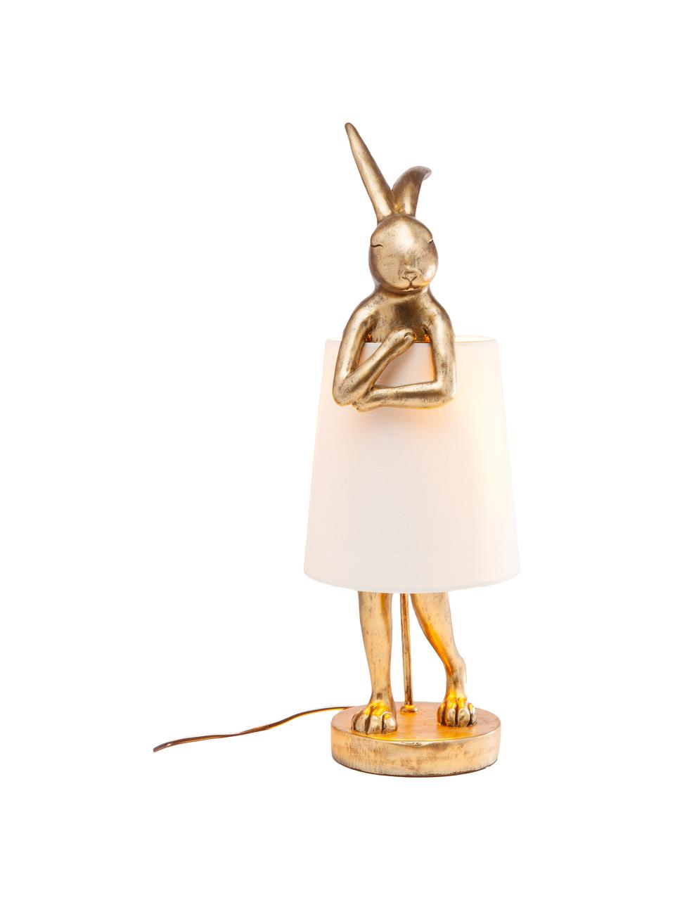 Lampada dorata da tavolo di design Rabbit, Paralume: lino, Base della lampada: poliresina, Asta: acciaio verniciato a polv, Bianco, dorato, Ø 23 x Alt. 68 cm