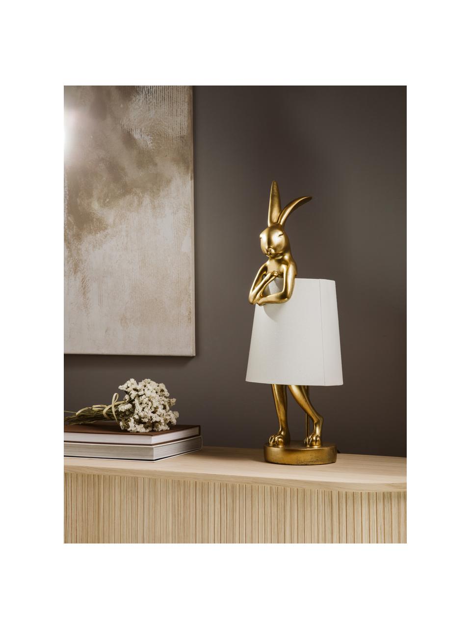 Grote design tafellamp Rabbit, Lampenkap: linnen, Lampvoet: polyresin, Stang: gepoedercoat staal, Goudkleurig, wit, Ø 23 x H 68 cm