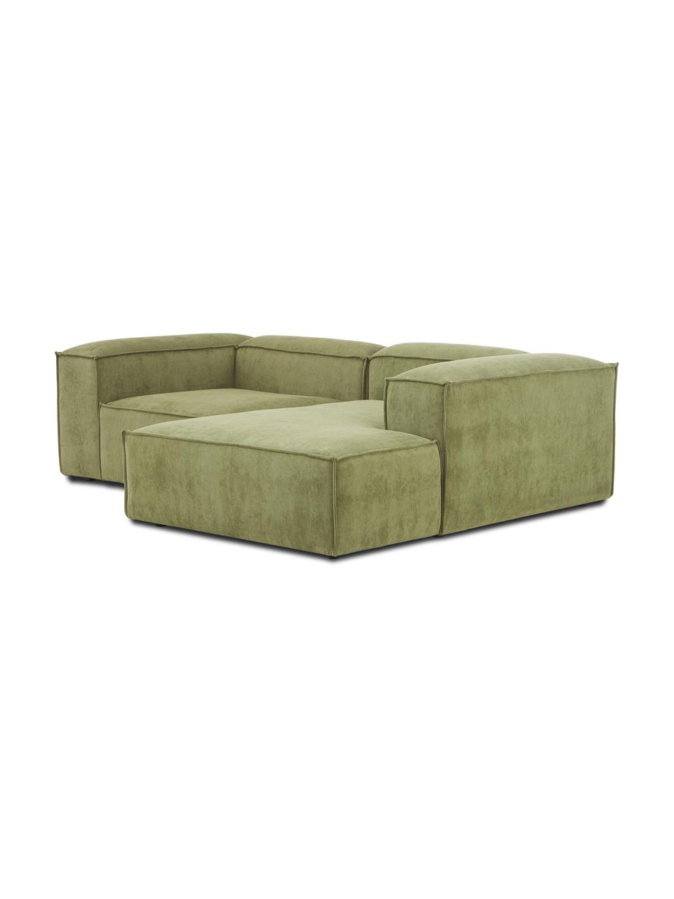 Modulaire hoekbank Lennon van corduroy, Bekleding: corduroy (92% polyester, , Frame: massief grenenhout, FSC-g, Poten: kunststof De poten bevind, Corduroy groen, B 238 x D 180 cm, hoekdeel links