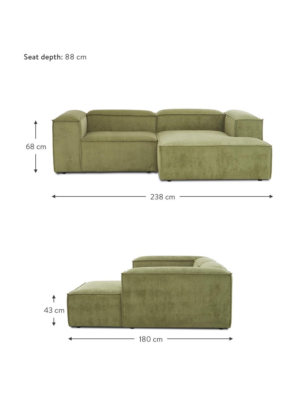Divano angolare componibile in velluto a coste Lennon, Rivestimento: velluto a coste (92% poli, Struttura: legno di pino massiccio, , Piedini: plastica, Velluto a coste verde scuro, Larg. 238 x Prof. 180 cm, chaise-longue a destra