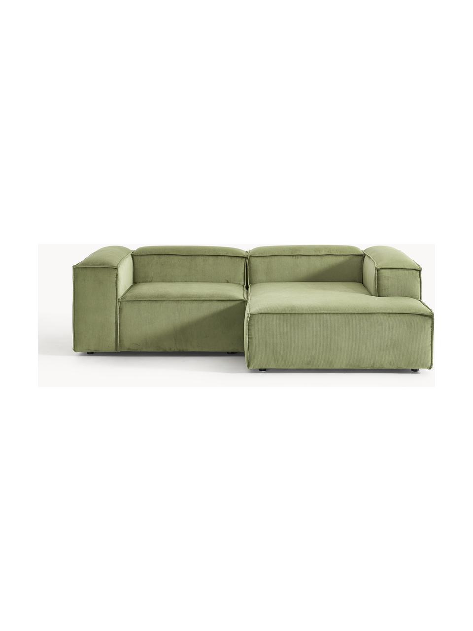 Sofá rinconera modular de pana Lennon, Tapizado: pana (92% poliéster, 8% p, Estructura: madera de pino maciza, ma, Patas: plástico Este producto es, Pana verde oliva, An 238 x F 180 cm, chaise longue derecha