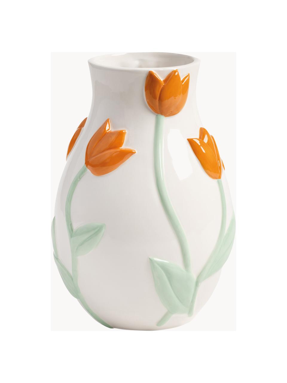 Handgefertigte Vase Tulip, H 22 cm, Dolomit, Orange, Salbeigrün, Off White, Ø 16 x H 22 cm