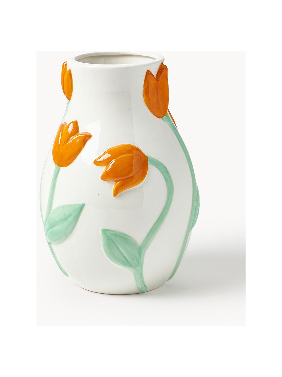 Handgefertigte Vase Tulip, H 22 cm, Dolomit, Orange, Salbeigrün, Off White, Ø 16 x H 22 cm