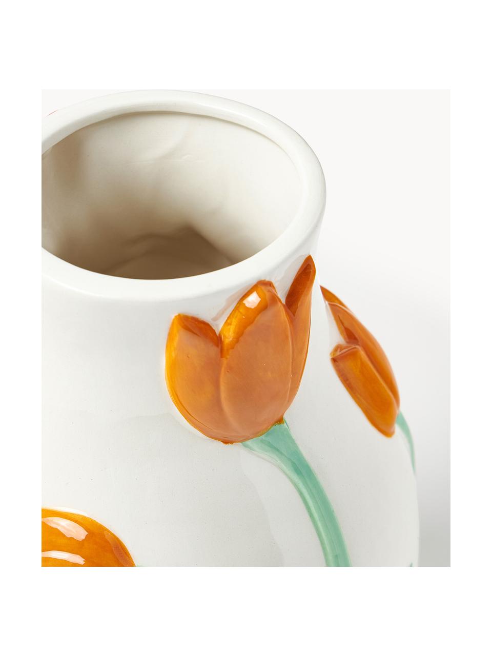 Handgefertigte Vase Tulip, H 22 cm, Dolomit, Orange, Salbeigrün, Off White, Ø 16 x H 22 cm