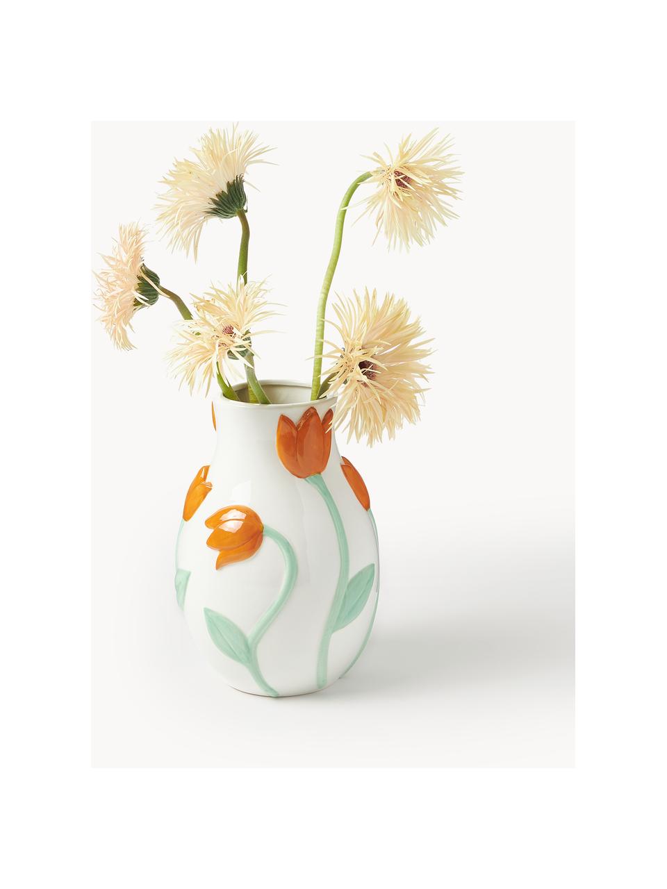 Handgefertigte Vase Tulip, H 22 cm, Dolomit, Orange, Salbeigrün, Off White, Ø 16 x H 22 cm