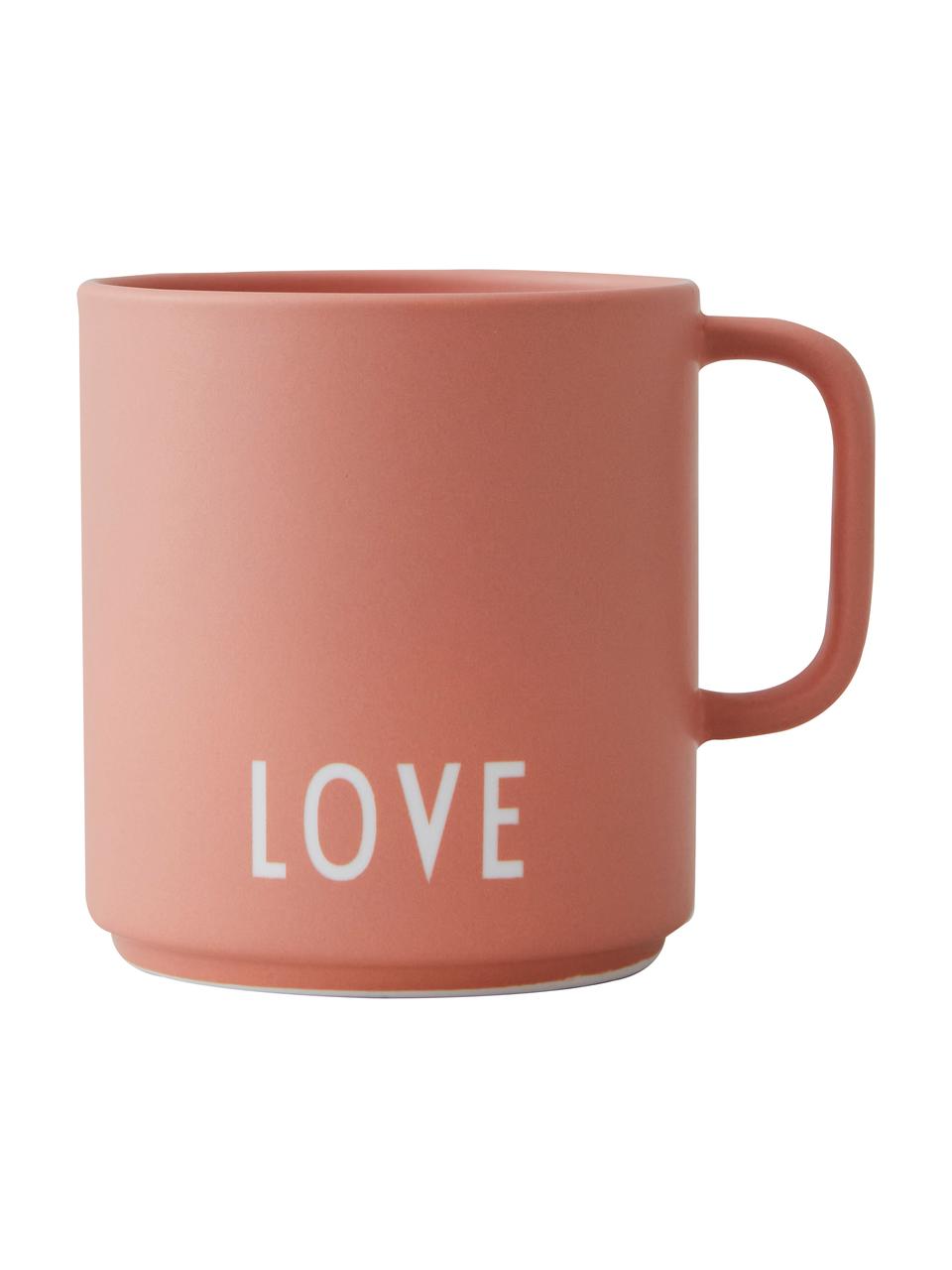 Design Kaffeetasse Favourite LOVE in Terrakotta mit Schriftzug, Fine Bone China (Porzellan), Terrakotta, Weiß, Ø 10 x H 9 cm