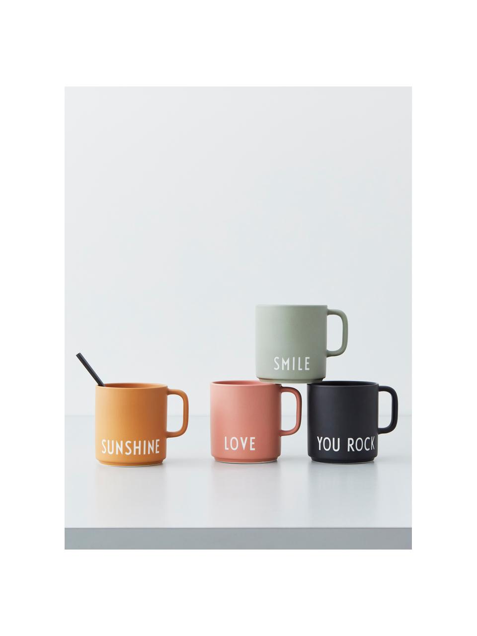 Design Kaffeetasse Favourite LOVE in Terrakotta mit Schriftzug, Fine Bone China (Porzellan), Terrakotta, Weiß, Ø 10 x H 9 cm