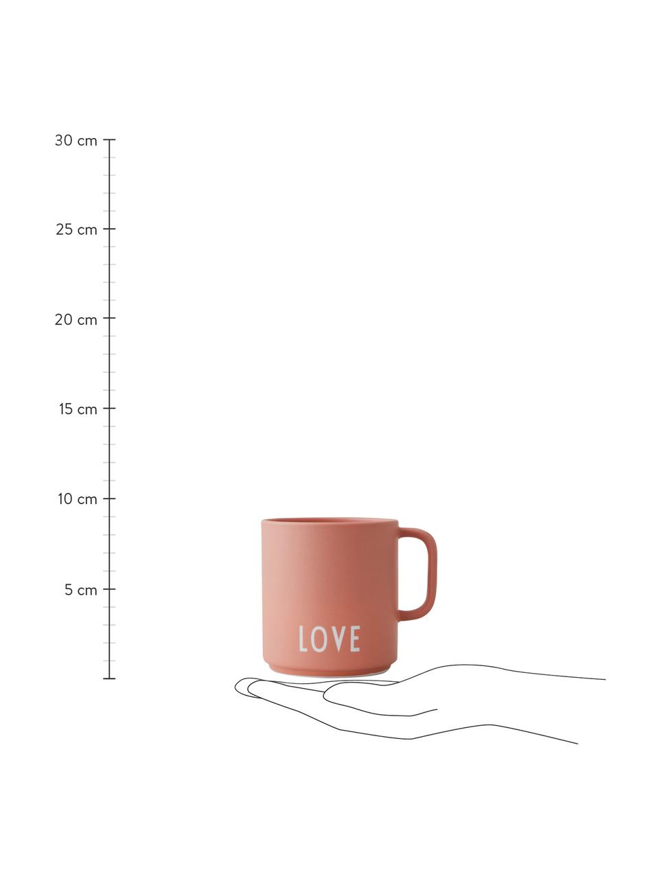 Design Kaffeetasse Favourite LOVE in Terrakotta mit Schriftzug, Fine Bone China (Porzellan), Terrakotta, Weiss, Ø 10 x H 9 cm