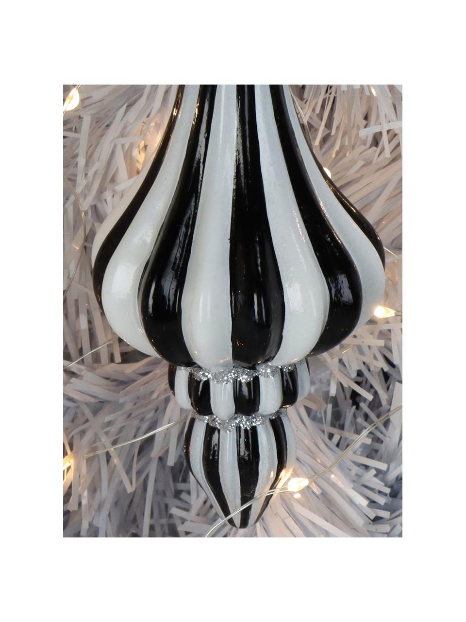Kerstboomhanger Stripe  in organische vorm, Glas, Zwart, wit, Ø 7 x H 15 cm
