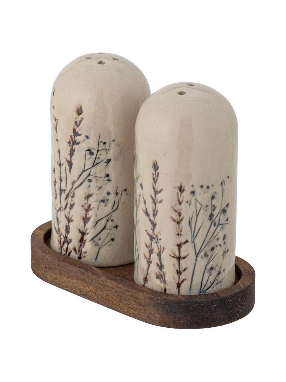 Handgemaakte zout- en peperstrooier Bea met grasmotief en houten plankje, set van 3, Plank: acaciahout, Lichtbeige, donker hout, Ø 6 x H 11 cm