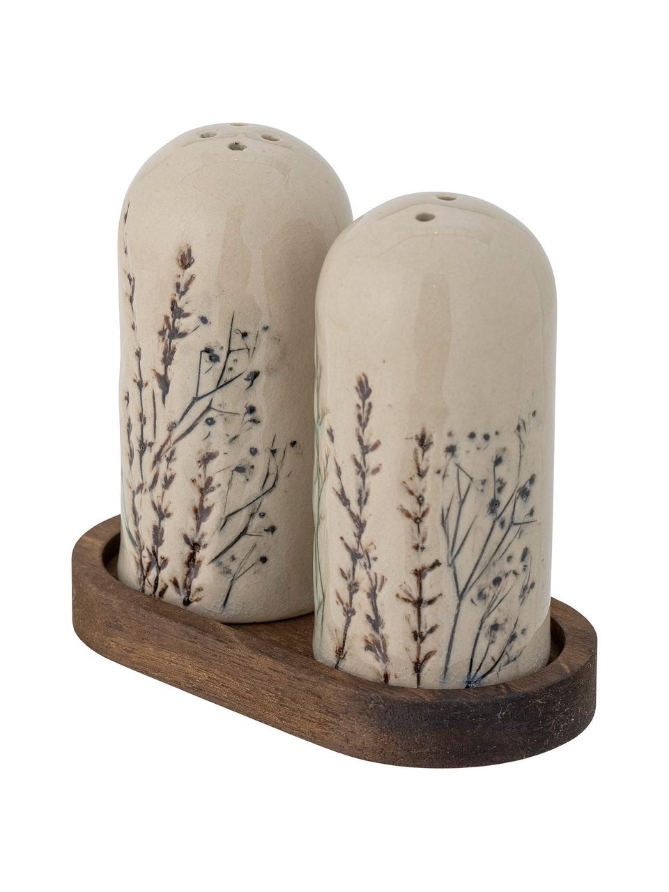 Handgemachte Salz- und Pfefferstreuer Bea mit Gräser-Motiv und Holzablage, 3er-Set, Ablage: Akazienholz, Beige, Akazienholz, Set mi verschiedenen Grössen