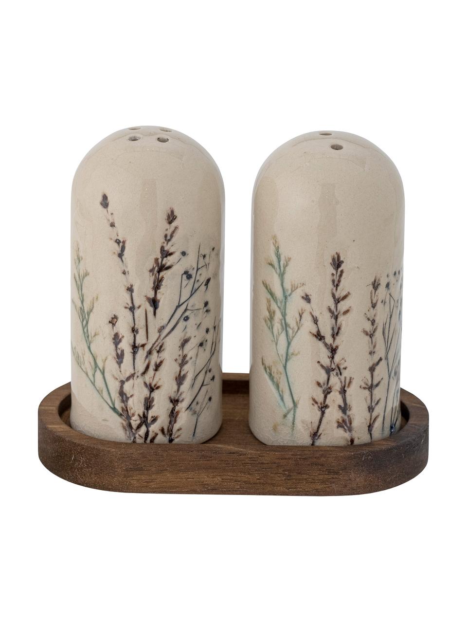 Handgemachte Salz- und Pfefferstreuer Bea mit Gräser-Motiv und Holzablage, Ablage: Akazienholz, Beige, Akazienholz, Set mi verschiedenen Größen