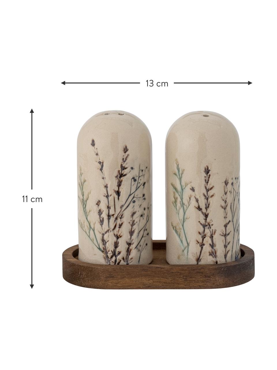 Set saliera e pepiera fatte a mano con motivo erba e smalto craquelé Bea 3 pz, Ripiano: legno di acacia, Beige, legno di acacia, Set in varie misure