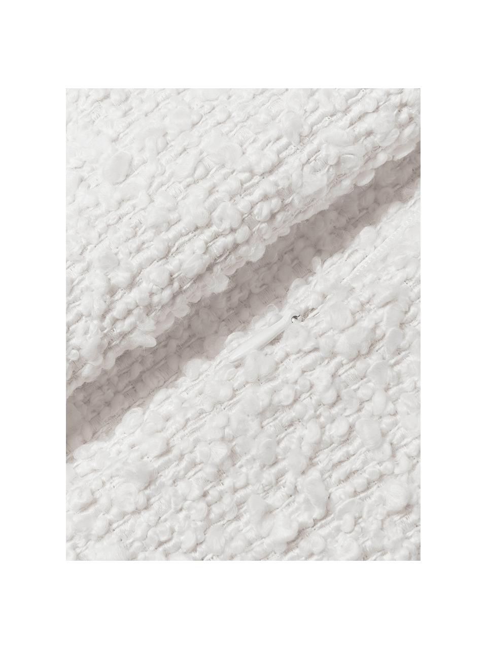 Bouclé kussenhoes Bellamie, Bouclé (95% polyester, 5% polyacryl)

Bouclé is een materiaal dat zich kenmerkt door zijn onregelmatig gebogen structuur. Het karakteristieke oppervlak ontstaat door geweven lussen van verschillende garens, waardoor de stof een unieke structuur krijgt. De lusstructuur heeft een isolerende en tegelijkertijd donzige werking, waardoor de stof bijzonder knuffelig is., Bouclé wit, B 30 x L 50 cm