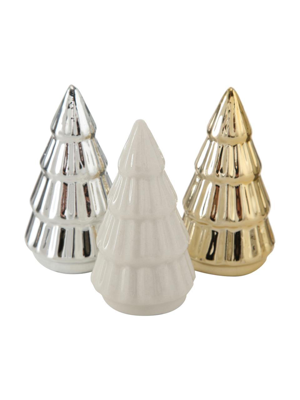 Alberi di Natale in porcellana Glamory 3 pz, Porcellana, Bianco, argentato, dorato, Ø 4 x Alt. 8 cm