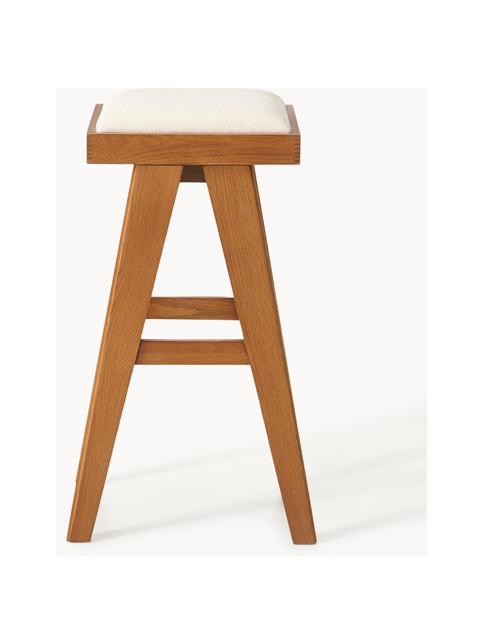 Tabouret de bar rembourré Sissi, Tissu blanc crème, chêne foncé, larg. 46 x haut. 75 cm