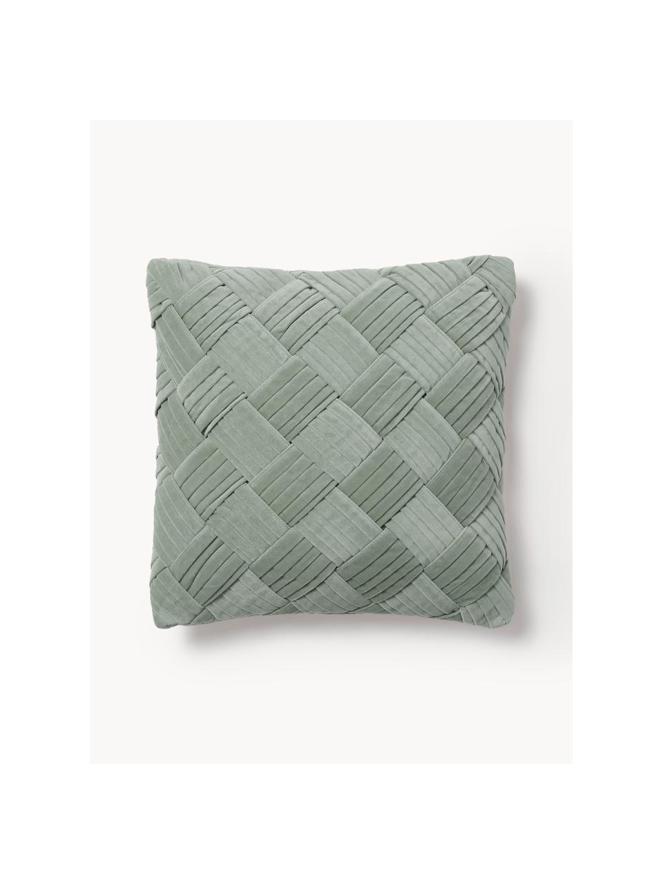 Housse de coussin en velours texturé Sina, Velours (100 % coton), Vert sauge, larg. 45 x long. 45 cm