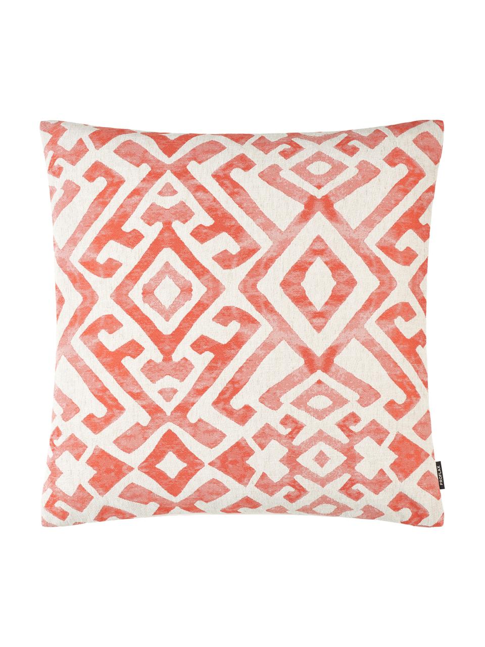 Housse de coussin ethnique aspect délavé Elani, Crème, rouge corail