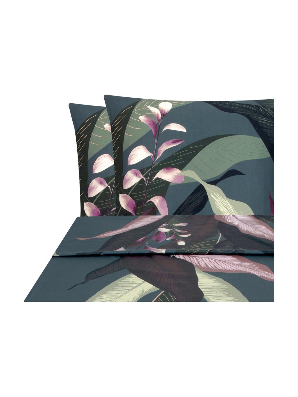 Set lenzuola in raso di cotone blu scuro Flora, Fronte: multicolore, 240 x 300 cm + 2 federe 50 x 80 cm