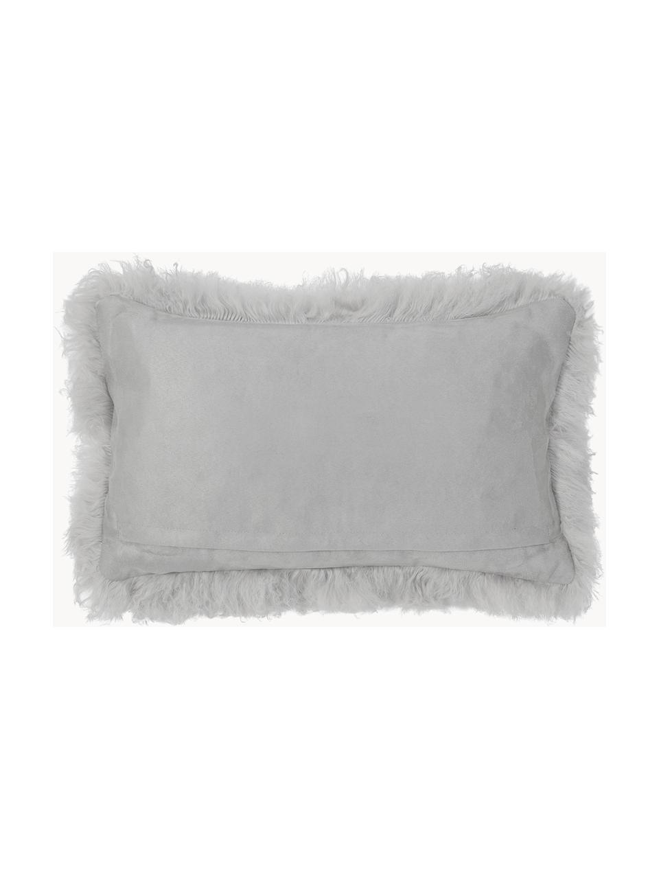 Housse de coussin rectangulaire peau d'agneau à longs poils frisés Ella, Gris clair, larg. 30 x long. 50 cm