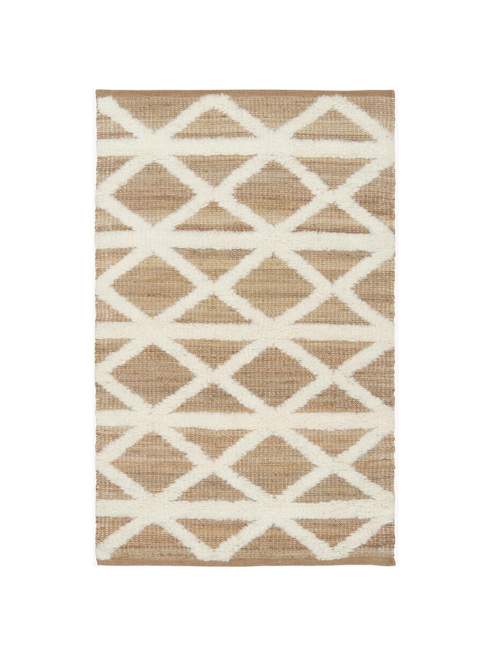 Handgeweven jute vloerkleed Malea, 57% jute, 35% wol, 7% katoen, Beige, crèmewit, B 80 x L 150 cm (maat XS)