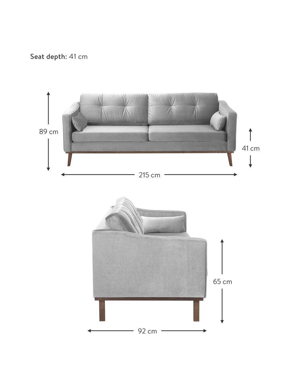 Divano 3 posti in velluto grigio Alva, Rivestimento: velluto (copertura in pol, Struttura: legno di pino massiccio, Piedini: legno massello di faggio,, Velluto grigio, Larg. 215 x Alt. 92 cm