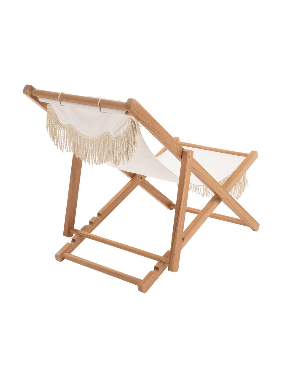Sedia a sdraio pieghevole con frange Sling, Frange: cotone, Struttura: legno, Legno chiaro, bianco, Larg. 59 x Alt. 79 cm