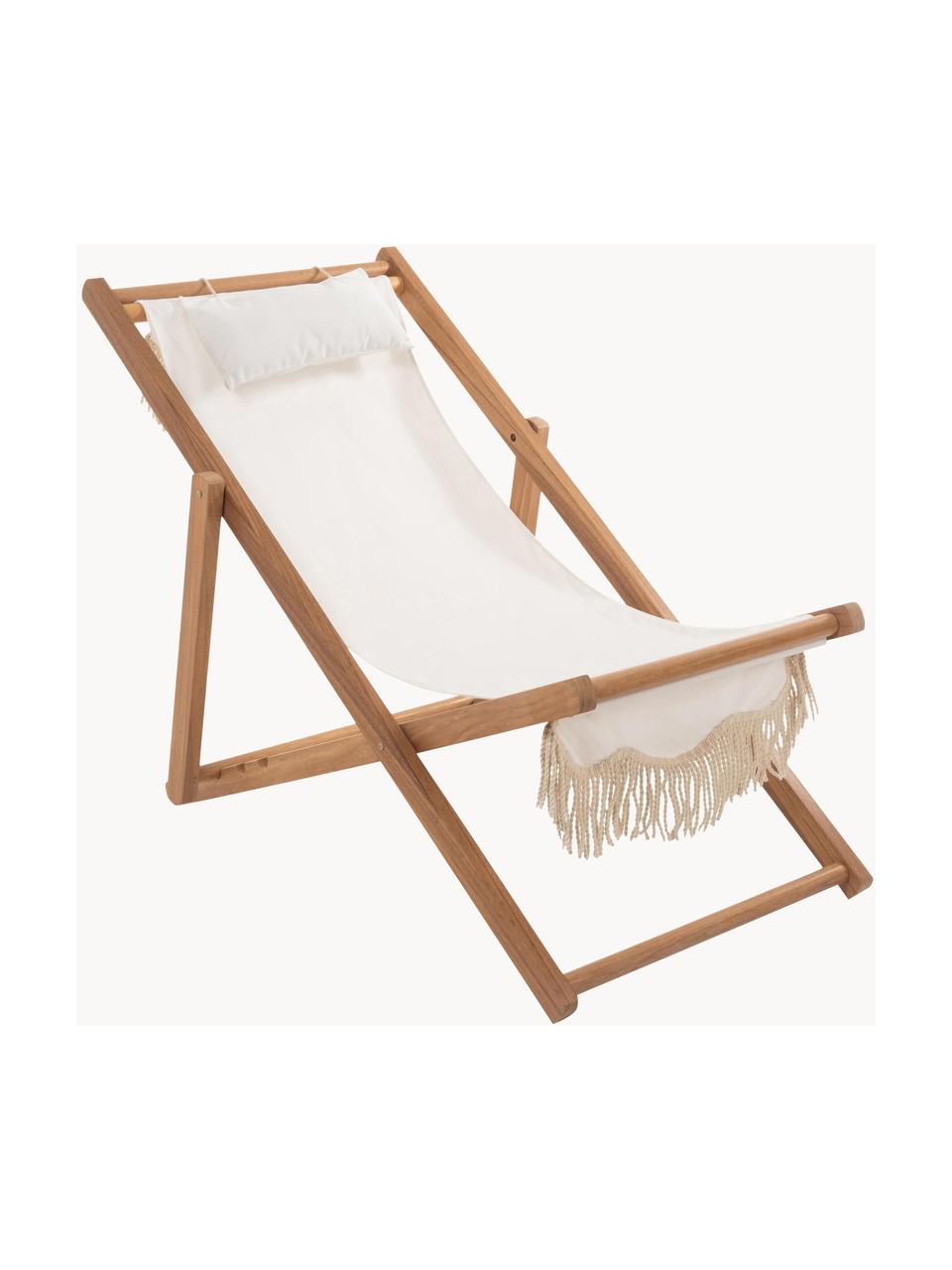 Transat pliant à franges Sling, Blanc, bois, larg. 59 x haut. 79 cm