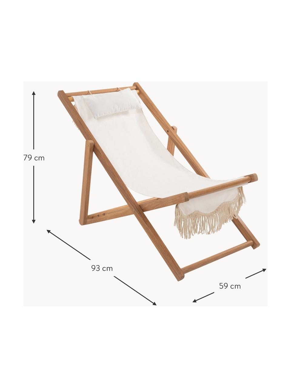 Inklapbare ligstoel Sling met franjes, Franjes: katoen, Frame: hout, Wit, hout, B 59 x H 79 cm