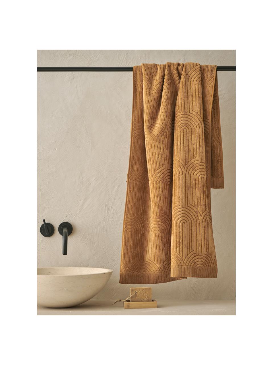 Asciugamano con motivo grafico in rilievo Janet, 100% cotone, Giallo senape, Telo bagno, Larg. 70 x Lung. 140 cm