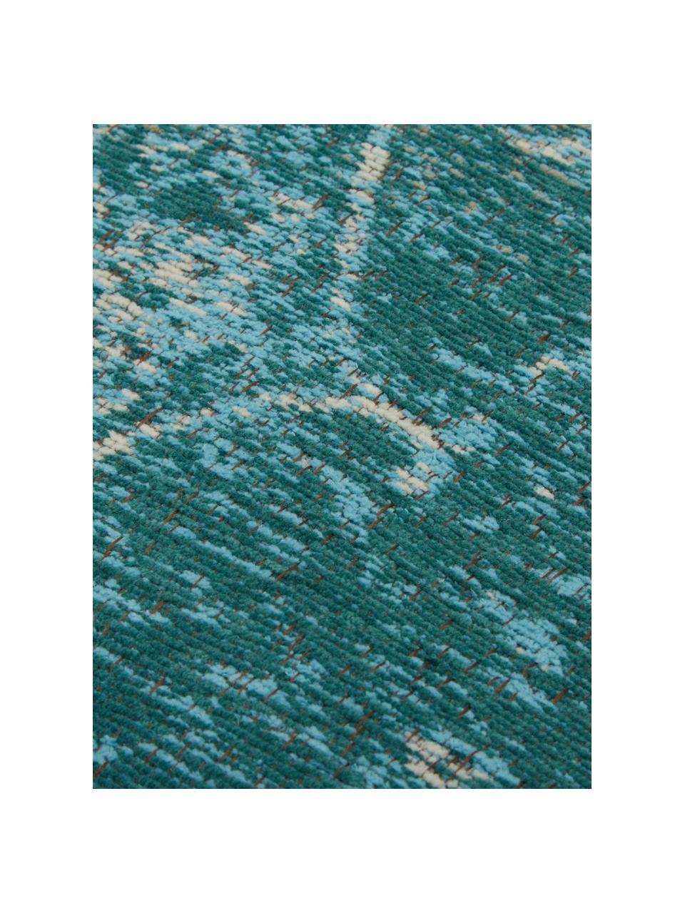 Rond vintage chenille vloerkleed Palermo in turquoise, Bovenzijde: 95% katoen, 5% polyester, Onderzijde: 100% katoen, Turquoise, lichtblauw, crèmekleurig, Ø 200 cm (maat L)