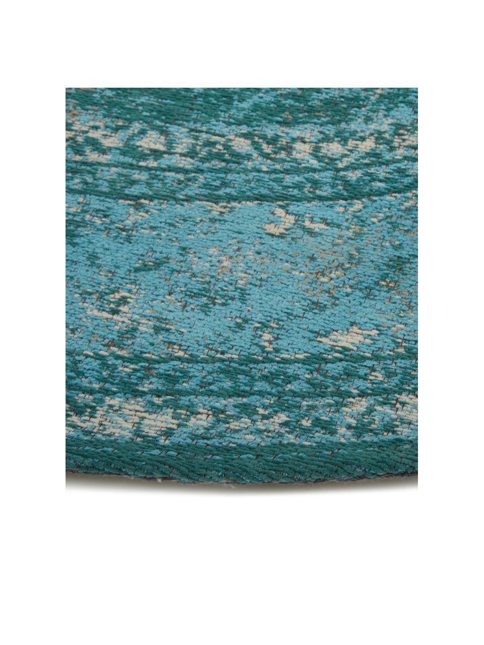 Rond vintage chenille vloerkleed Palermo in turquoise, Bovenzijde: 95% katoen, 5% polyester, Onderzijde: 100% katoen, Turquoise, lichtblauw, crèmekleurig, Ø 200 cm (maat L)