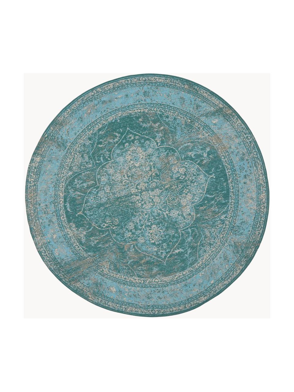 Rond vintage chenille vloerkleed Palermo in turquoise, Bovenzijde: 95% katoen, 5% polyester, Onderzijde: 100% katoen, Blauwtinten, Ø 150 cm (maat M)