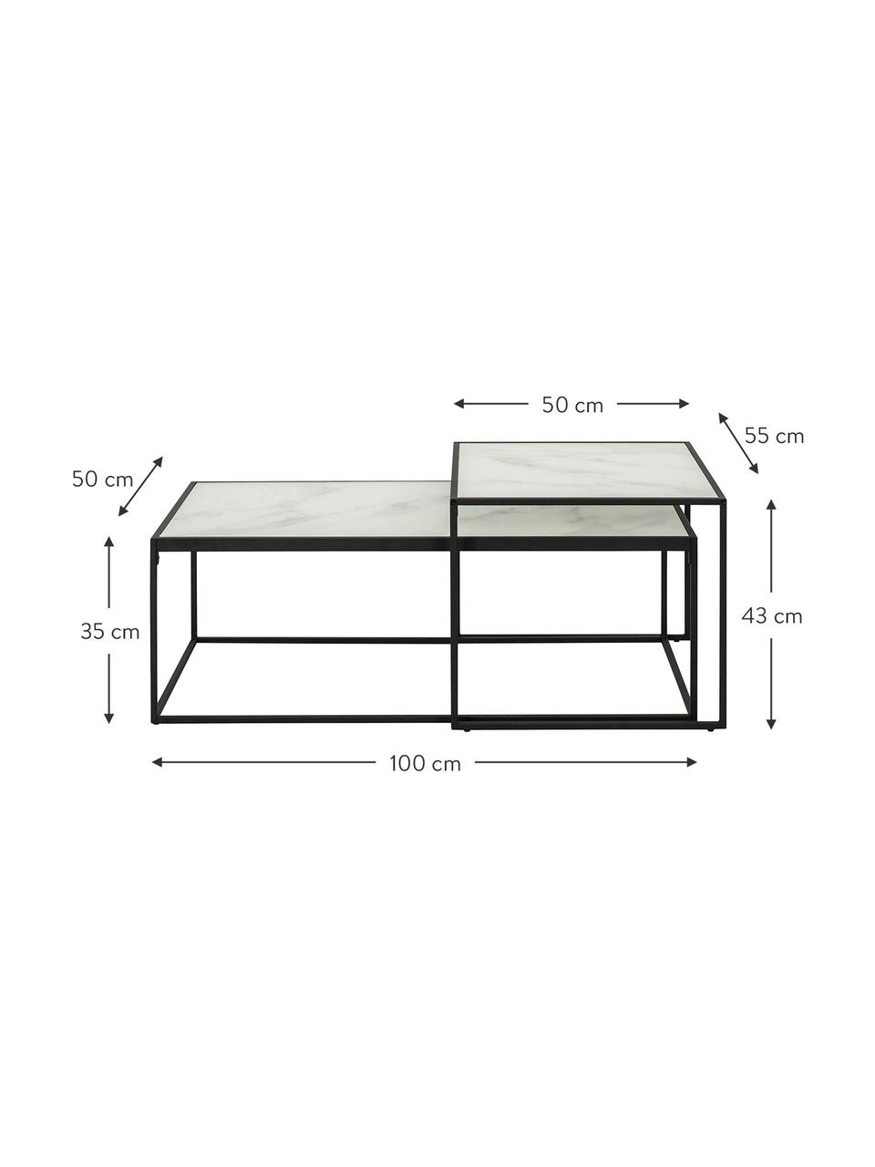 Set 2 tavolini da salotto con piano effetto marmo Bolton, Ripiani: vetro, sventati, Struttura: metallo, verniciato a pol, Bianco, Set in varie misure