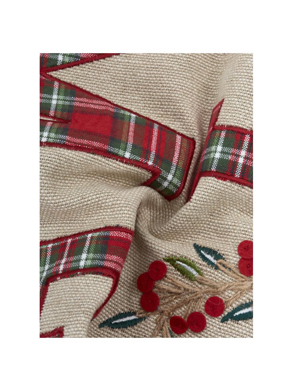 Funda de cojín bordada Wreath, 100% algodón, Beige, rojo, verde. Ribete: rojo, An 45 x L 45 cm