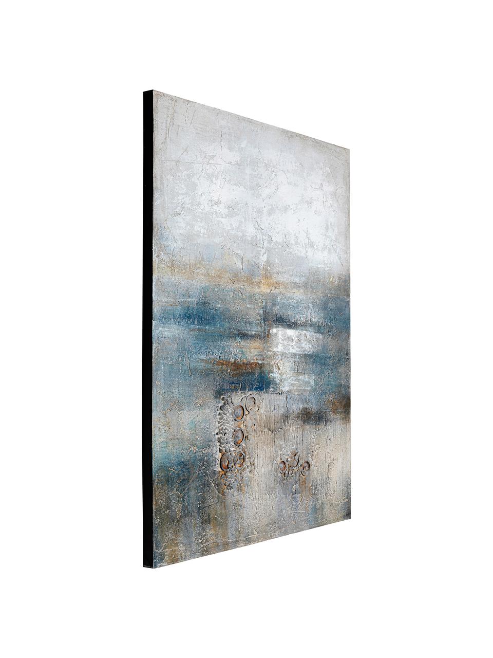 Handbeschilderde canvasdoek Abstract Into The Night, Afbeelding: acryl verf, Frame: massief natuurlijk dennen, Blauw, grijs, bruin, 90 x 120 cm
