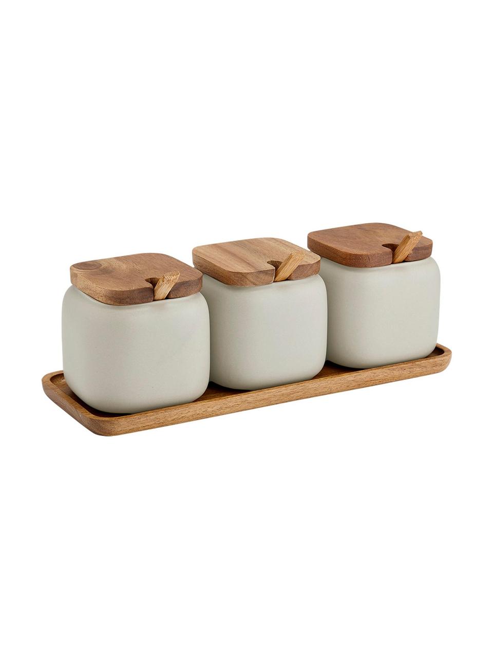 Set contenitori in porcellana e legno Essentials 7 pz, Contenitore: porcellana, Sabbia, legno d'acacia, Set in varie misure