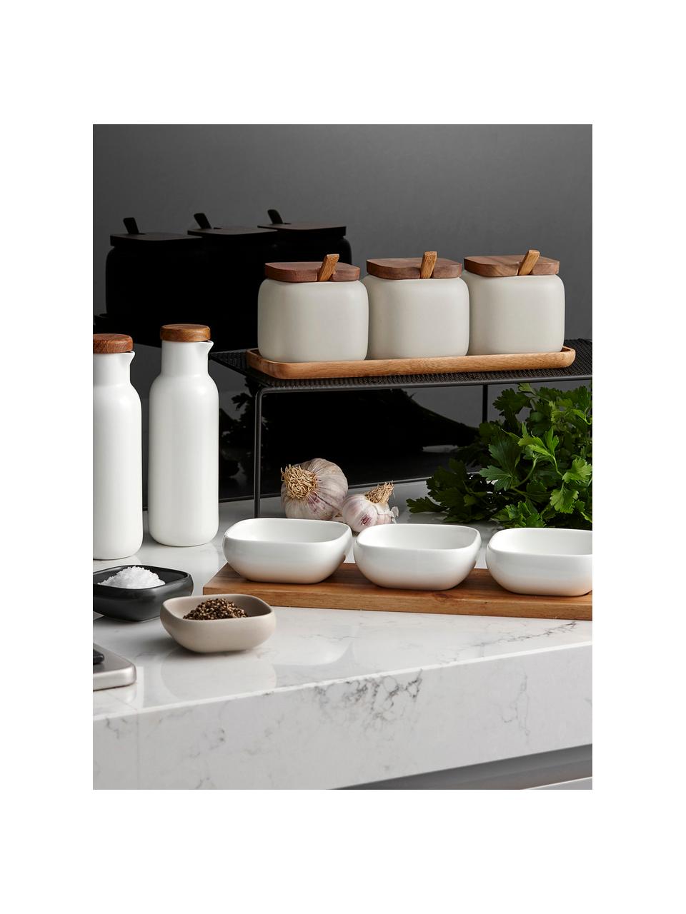 Opbergpotten Essentials met dienblad, set van 4, Porselein, acaciahout, Lichtbeige, donker hout, Set met verschillende formaten