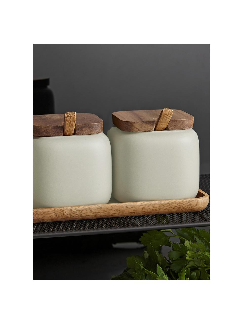 Pots en porcelaine avec accessoires en bois d'acacia Essentials, 7 élém., Porcelaine, bois d'acacia, Beige clair, foncé bois, Lot de différentes tailles