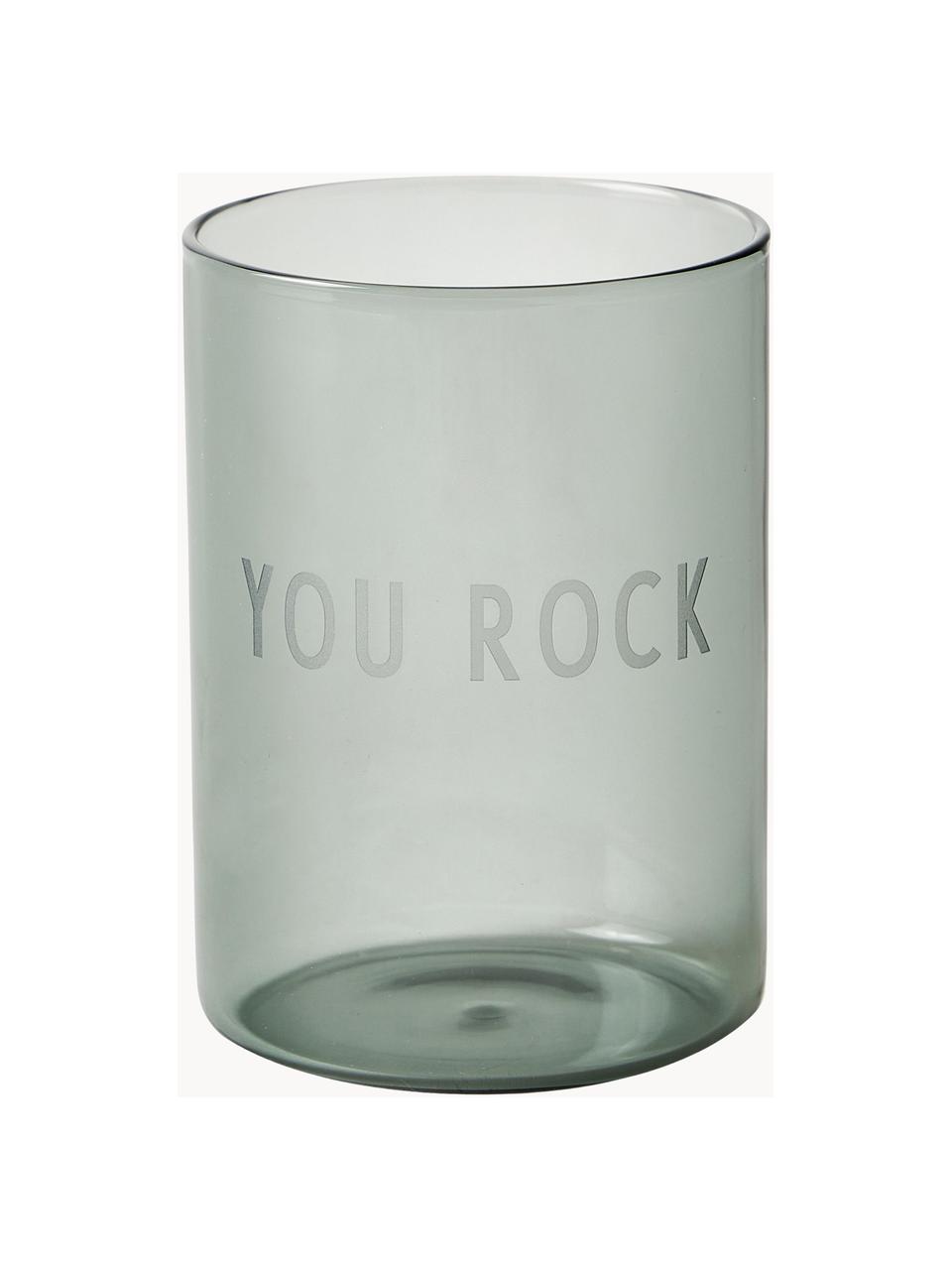 Bicchiere di design con scritta Favorite YOU ROCK, Vetro borosilicato, Nero (You rock), Ø 8 x Alt. 11 cm, 350 ml