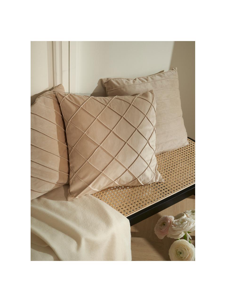 Fluwelen kussenhoes Luka in beige met structuur-ruitpatroon, Fluweel (100% polyester), Beige, B 50 x L 50 cm