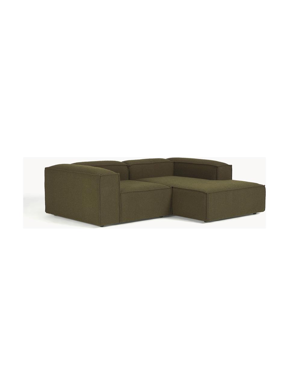 Modulares Ecksofa Lennon aus Bouclé, Bezug: Bouclé (100 % Polyester) , Gestell: Massives Kiefernholz, Spe, Füße: Kunststoff Dieses Produkt, Bouclé Olivgrün, B 238 x T 180 cm, Eckteil rechts