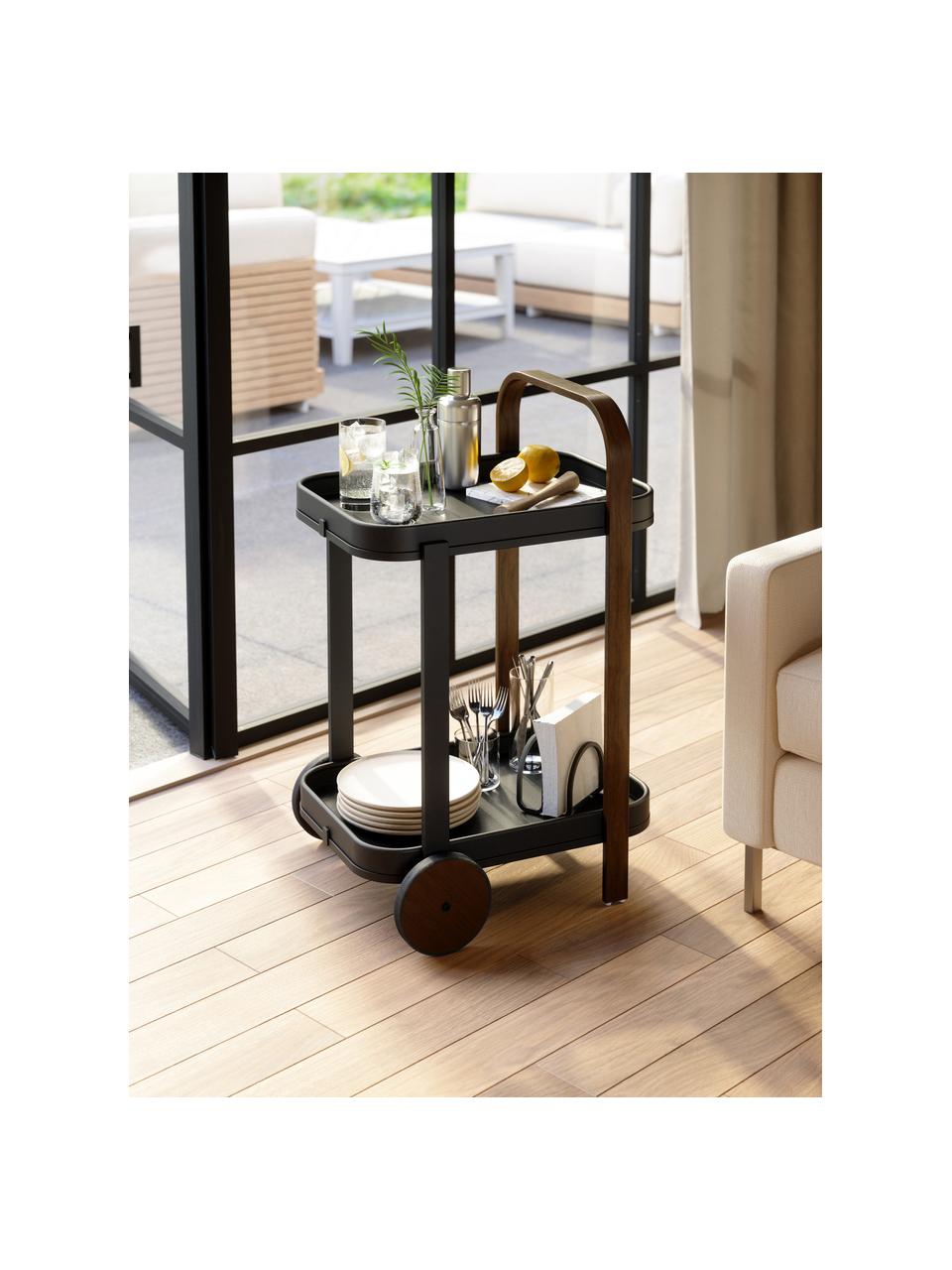 Camarera de metal Bellwood, Estructura: metal recubierto, Ruedas: caucho, Negro, madera oscura, An 53 x Al 80 cm
